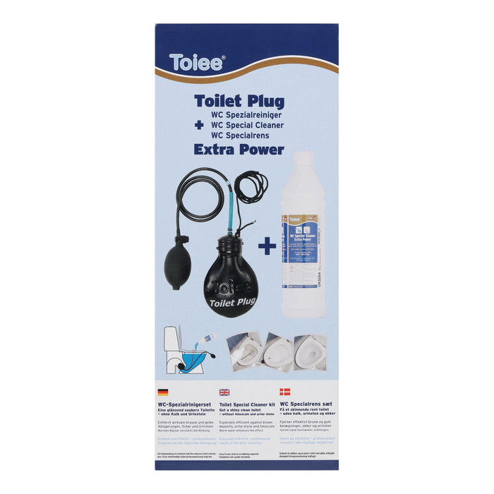 WC Specialrens sæt bestående af 1 Toiee toiletplug +1 liter Toiee Special WC Specialrens EKSTRA POWER+praktisk opbevaringspose til toilet pluggen