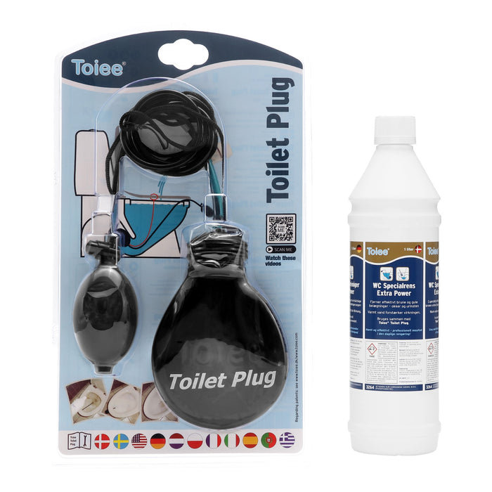 1 Toiee toiletplug og 1 liter Toiee Special WC Specialrens EKSTRA POWER. Effektiv urinstensfjerner (gule belægninger af kalk og urin). Toiletkummen stilles i blød og belægningerne opløses helt af sig selv